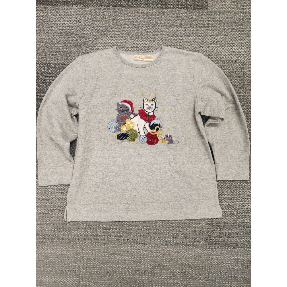 Vintage Sz. Medium Bobbie Brooks Christmas Cat Sweatshirt Embroidered Grannycore